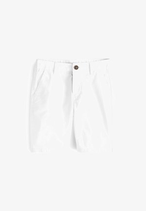 Shorts en coton blanc avec une coupe droite, deux poches latérales, une fermeture à bouton et un devant plat. Texture lisse, sans motifs visibles.