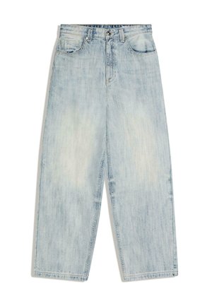 Lichtblauwe denim jeans met wijde pijpen, hoge taille, knoop- en ritssluiting aan de voorkant, en voor- en achterzakken.
