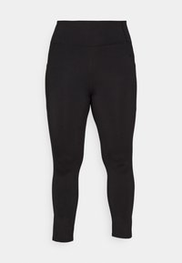 Leggings pretos com uma cintura alta, design ajustado, textura suave e pernas afuniladas, adequados para uso ativo ou casual.