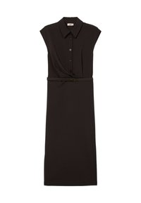 Sort ærmeløs kjole med krave, knapper foran, bælte i taljen og en lige silhuet lavet af glat, let stof.