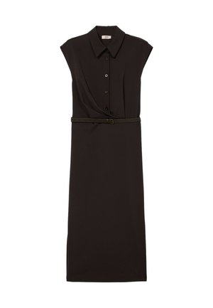 Zwarte mouwloze jurk met een kraag, knoopsluiting aan de voorkant, een taille met ceintuur en een rechte silhouet, gemaakt van een glad, lichtgewicht stof.