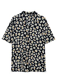 Short-sleeve black shirt featuring a white, green, and orange floral pattern, with a collar and front button closures. Soft fabric texture.