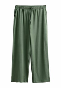 Grüne weit geschnittene Hosen aus weichem Stoff, mit einem elastischen Bund und einem Kordelzug sowie seitlichen Taschen. Glatte Textur und lässiges Design.
