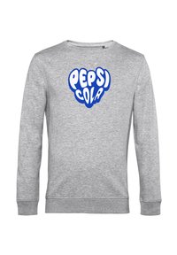 Felpa grigia realizzata in morbido tessuto, con un grande logo blu e bianco "PEPSI COLA" sulla parte anteriore. Design semplice con polsini a costine.