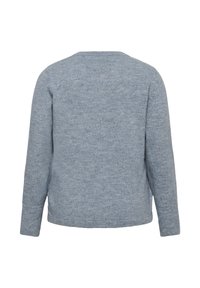 Maglione azzurro chiaro, realizzato in un morbido tessuto testurizzato. Presenta maniche lunghe e scollatura rotonda, con un design semplice e monocolore.