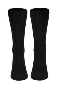 Schwarze knielange Socken aus weichem Strickstoff, mit geripptem Muster und runder Spitze ohne sichtbare Muster oder Akzente.