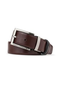 Brązowy skórzany pasek z prostokątną srebrną klamrą metalową, z logo marki i gładką fakturą, starannie złożony w zakrzywionym kształcie.