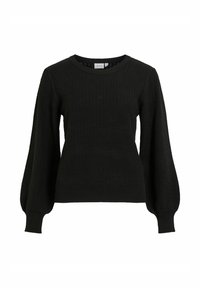 Mustast kootud kampsun, millel on tekstuuriga muster, ümmargune kaelus ja õhupallivarrukad kitsaste mansettidega. Pehme materjal, vaba lõige.