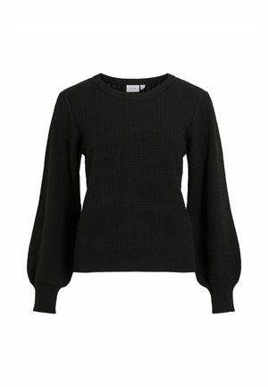 Crni pleteni pulover s teksturiranim uzorkom, okruglim izrezom i balon rukavima s pristajućim manžetnama. Meki materijal, ležerni kroj.