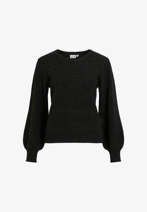 Čierny pletený pulóver s textúrovaným vzorom, okrúhlym výstrihom a balónovými rukávmi zakončenými obtiahnutými manžetami. Mäkký materiál, pohodlný strih.