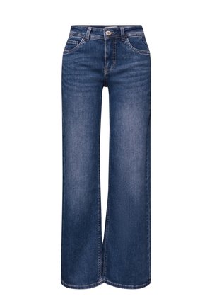 Tmavě modré džíny s vysokým pasem a širokými nohavicemi, s předními knoflíky, zapínáním na zip a předními kapsami, zobrazené na bílém pozadí.