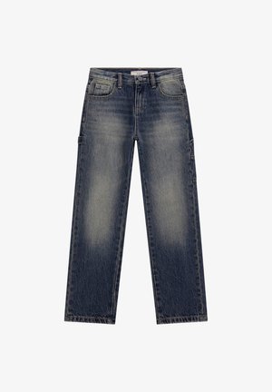 Wijdvallende denim jeans in een vervaagde donkerblauwe was, met een klassieke vijf-pocket ontwerp en een versleten textuur door het hele kledingstuk.