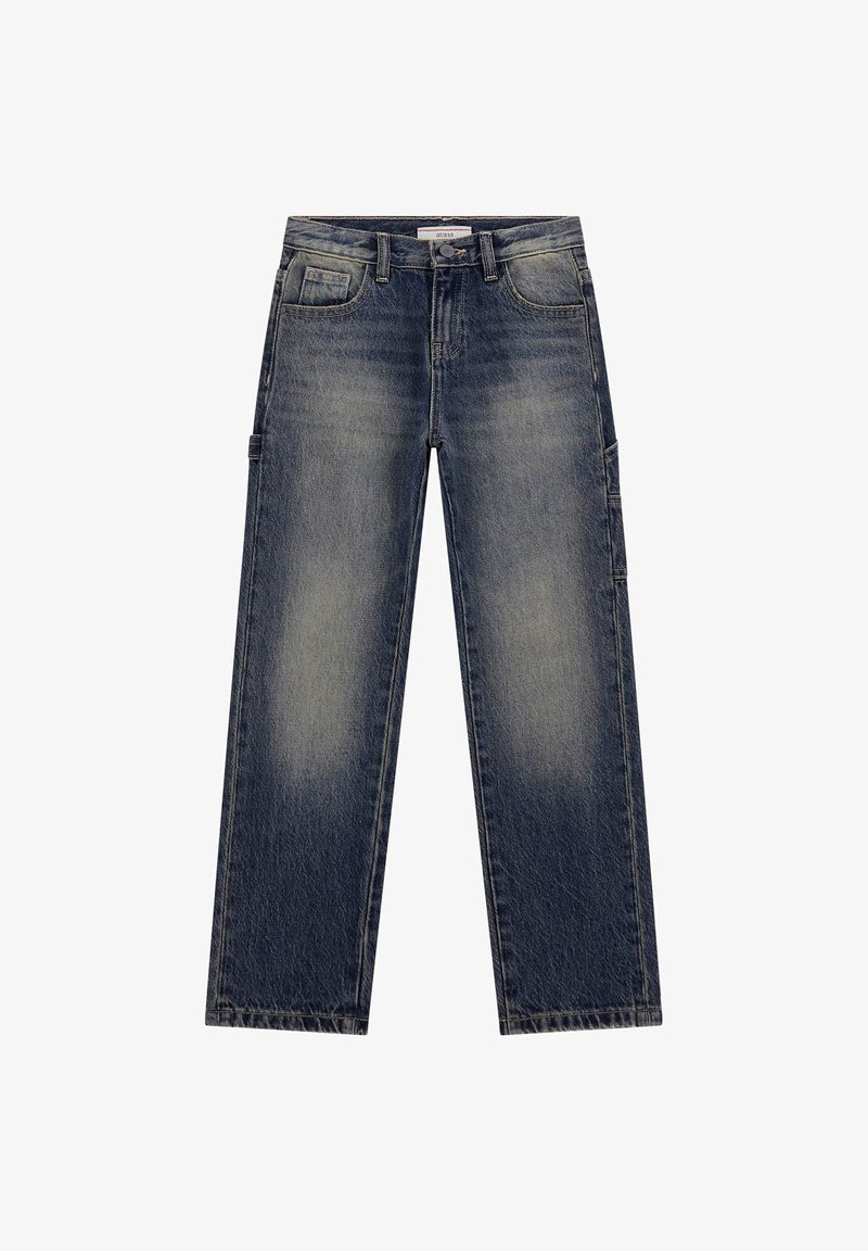 Pantalones vaqueros de pierna ancha en un lavado azul oscuro descolorido, con un diseño clásico de cinco bolsillos y una textura desgastada en todo su recorrido.