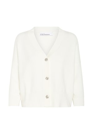 Cardigan blanc en matière tricotée, avec un décolleté en V, des manches longues et cinq boutons décoratifs sur le devant.