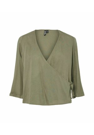 Zaļa olīvu krāsas garām piedurknēm aptinamas blūze ar V-veida izgriezumu un sānu mezgla detaļu, veikta no viegla auduma, zīmola Pieces.