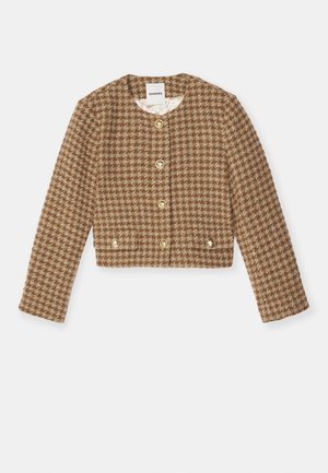 Brown checked cropped jacket made of textured fabric, featuring a round neckline, long sleeves, and gold-tone buttons along the front.