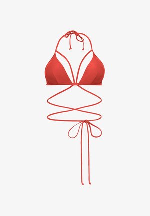 Rdeči bikini zgornji del s trikotnimi skodelicami, odprtimi stranicami in tankimi nastavljivimi vezmi. Gladek material s krojem z izrezom. Dolge vezi za zavezovanje.