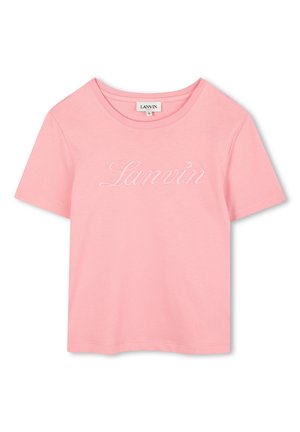Różowa koszulka bawełniana z okrągłym dekoltem i krótkimi rękawami. Z przodu znajduje się haftowane białe logo "Lanvin" na wysokości klatki piersiowej.