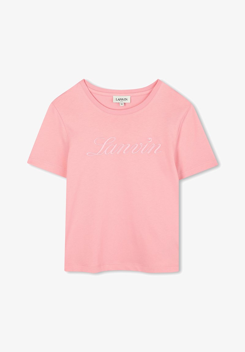 Pink cotton t-shirt with a round neckline and short sleeves. Features embroidered "Lanvin" logo in white across the chest.