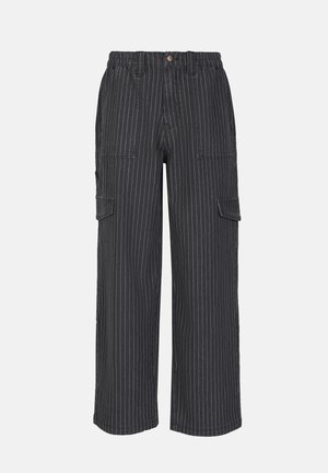 Black striped cargo pants with a relaxed fit, featuring side pockets, a button closure, and an elastic waistband for comfort.