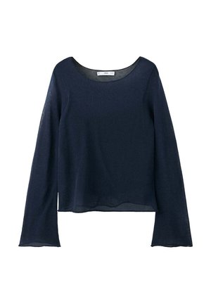 Top azul marino de manga larga y ligero con mangas ligeramente acampanadas y un cuello redondo amplio.
