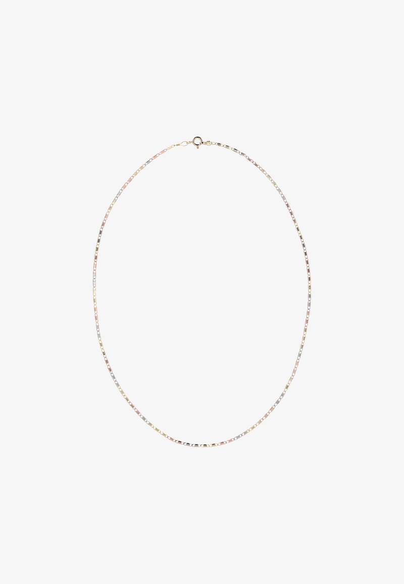 Metalowa naszyjnik z łańcuszka z naprzemiennymi prostokątnymi ogniwami w kolorze złotym, srebrnym i różowego złota; gładka tekstura; zapięcie na sprężynę.