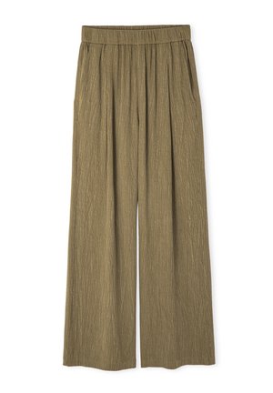 Pantalons à jambes larges vert olive en tissu texturé, dotés d'une taille élastique et de poches latérales, avec un motif de rayures verticales subtile.