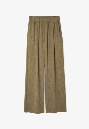 Pantalons à jambes larges vert olive en tissu texturé, dotés d'une taille élastique et de poches latérales, avec un motif de rayures verticales subtile.