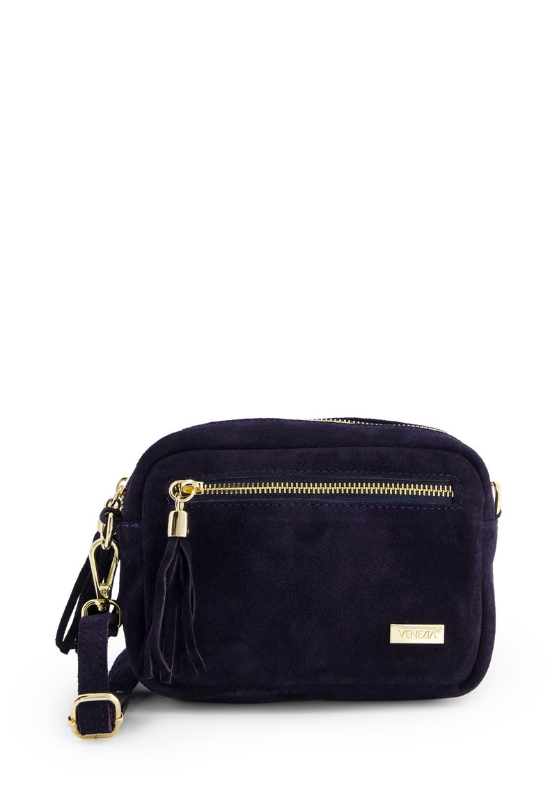 Malá námořnická sukně crossbody taška s zlatým zipem, třásním na táhle, nastavitelného popruhu a zlatou logo deskou "Venezia".
