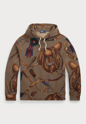 Sweat-shirt à capuche avec un motif pied-de-poule marron, orné de graphiques sur le thème de l'équitation en doré et marron foncé, ainsi qu'un détail de rosette coloré.