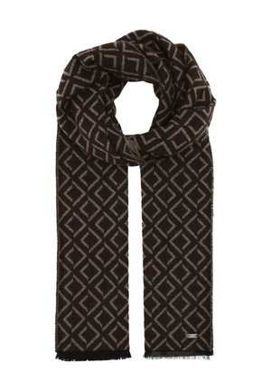 Long dark brown scarf with a light geometric diamond pattern and short fringe on the edges, folded in a looped style.