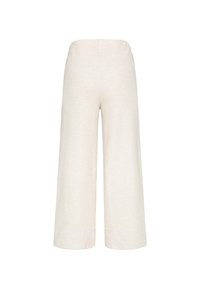 Wide-leg cream pants made from a soft, textured fabric. Features an elastic waistband for comfort and a simple, minimalist design.