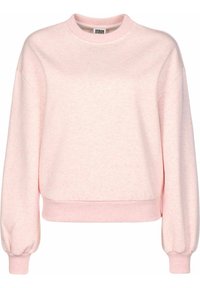 Světle růžová mikina s kulatým výstřihem, ribbed manžetami a pasem. Vyrobena z měkkého materiálu, s mírně texturovaným povrchem.