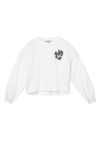 Sweatshirt bianco corto con maniche lunghe a sbuffo. Presenta un logo grafico nero sul lato sinistro del petto. Realizzato in un morbido misto cotone.