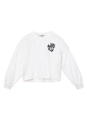 Sweatshirt bianco corto con maniche lunghe a sbuffo. Presenta un logo grafico nero sul lato sinistro del petto. Realizzato in un morbido misto cotone.