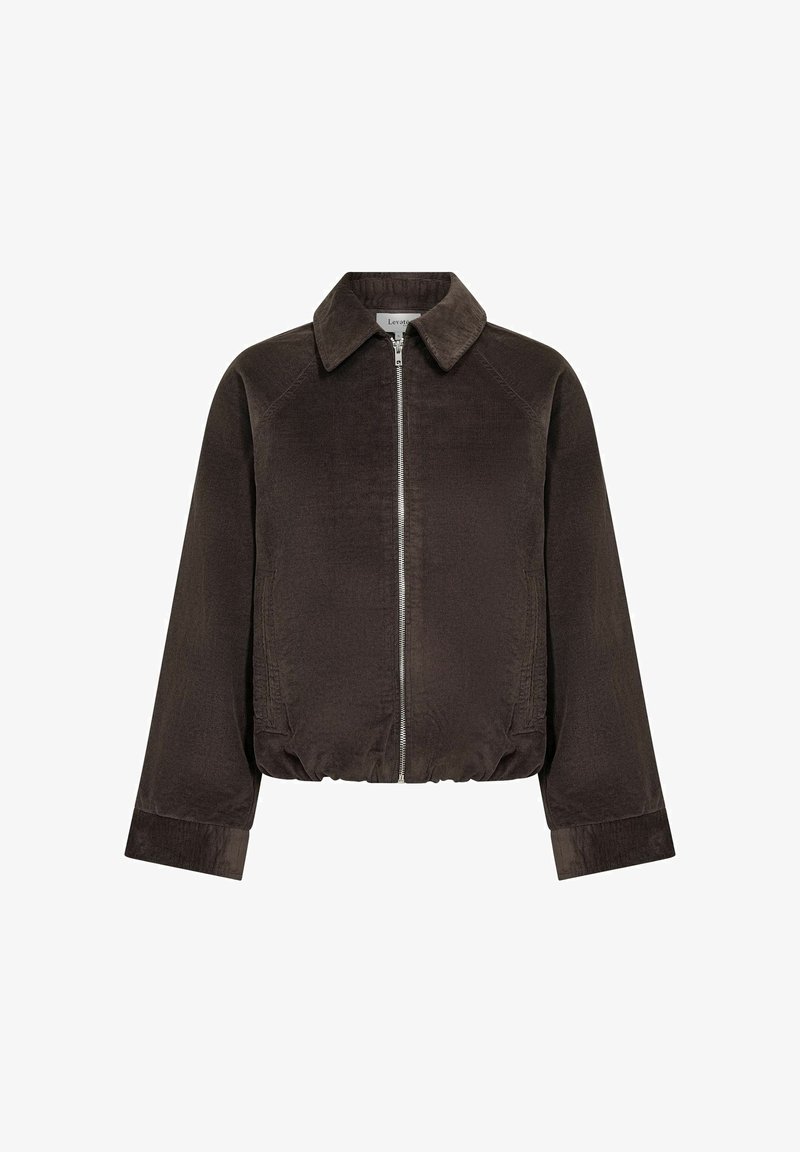 Veste en velours côtelé marron foncé avec fermeture éclair frontale, col classique, manches longues et ourlet élastique à la taille.