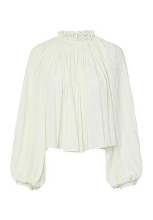 Witte blouse met lange mouwen, geplooide stof, gerimpelde hoge halslijn, keyhole-achtersluiting en elastische boorden aan ballonmouwen.