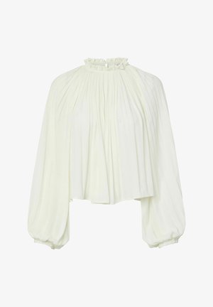 Witte blouse met lange mouwen, geplooide stof, gerimpelde hoge halslijn, keyhole-achtersluiting en elastische boorden aan ballonmouwen.
