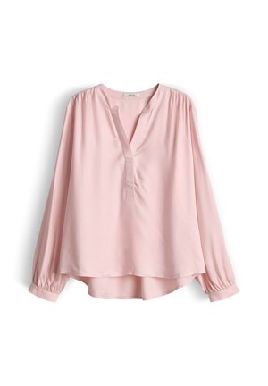 Long-sleeve, pink blouse with a V-neck and pleated shoulders. Made of smooth fabric with a relaxed fit and slightly curved hem.