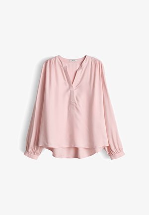 Blouse rose à manches longues avec un col en V et des épaules plissées. Confectionnée dans un tissu lisse avec une coupe décontractée et un ourlet légèrement arrondi.