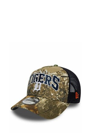 Baseballcap mit Camouflage-Muster, mit „TIGERS“ und einem stilisierten „D“-Logo vorne, schwarzer Netzrückseite und verstellbarem Riemen.