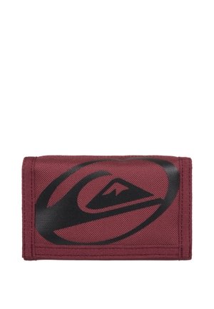 Folded maroon fabric wallet with a large black stylized wave and mountain logo on the front.
