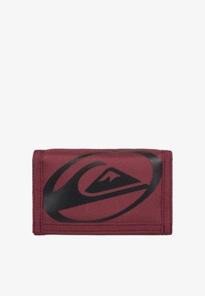Folded maroon fabric wallet with a large black stylized wave and mountain logo on the front.