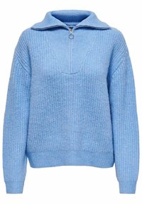 Suéter de punto azul claro con cuello de media cremallera, textura acanalada y hombros caídos. Presenta un corte amplio y relajado y un diseño texturizado.