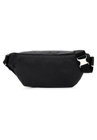 Marsupio in tessuto nero con texture, dal design elegante, dotato di una fibbia argentata e di una tracolla regolabile per un facile utilizzo. Compatto e pratico.