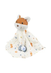 Fox-shaped plush toy with a soft fabric blanket. Features orange and white colors, patterned with small foxes, stars, and toys. Includes a blue pacifier.