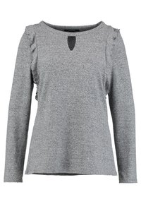 Szara bluzka z długim rękawem i okrągłym dekoltem, z delikatnymi falbankami na ramionach oraz małym wycięciem z przodu. Miękka faktura.