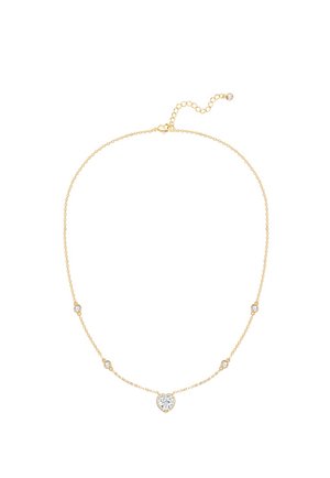 Delicate gold chain necklace with a central heart-shaped clear gemstone and five small round gemstones evenly spaced along the chain.