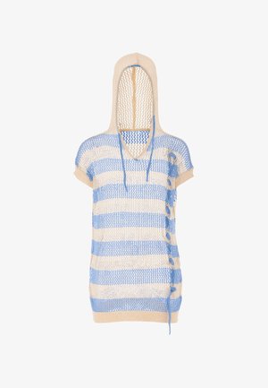 Könnyű, kötött kapucnis felső, laza fazonnal. Bézs és világoskék csíkozott mintázat, oldalt gombos részletekkel.