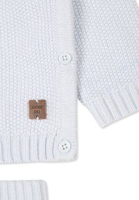 Cardigan lavorato a maglia blu chiaro con un motivo testurizzato, polsini a costine, due bottoni blu chiaro e una piccola etichetta marrone con testo in rilievo.